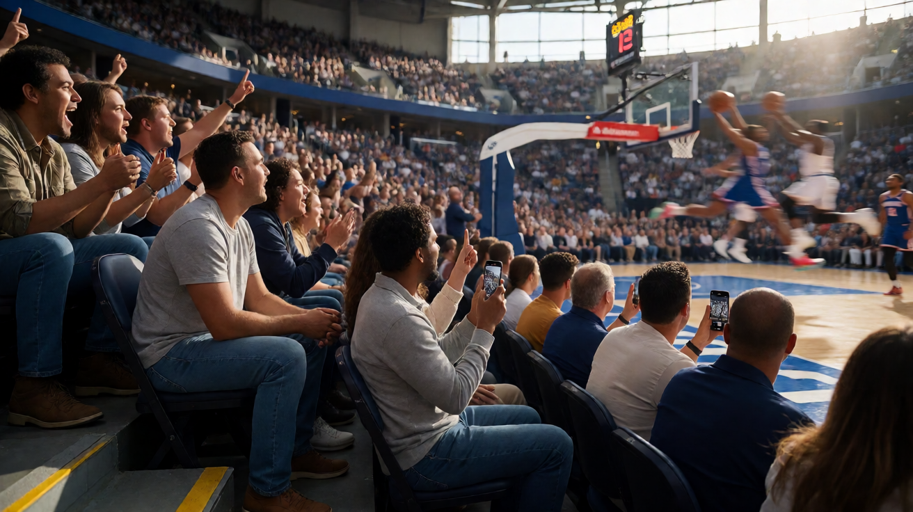 华体会hth直播的NBA比赛现场，球员在空中对抗扣篮的精彩瞬间